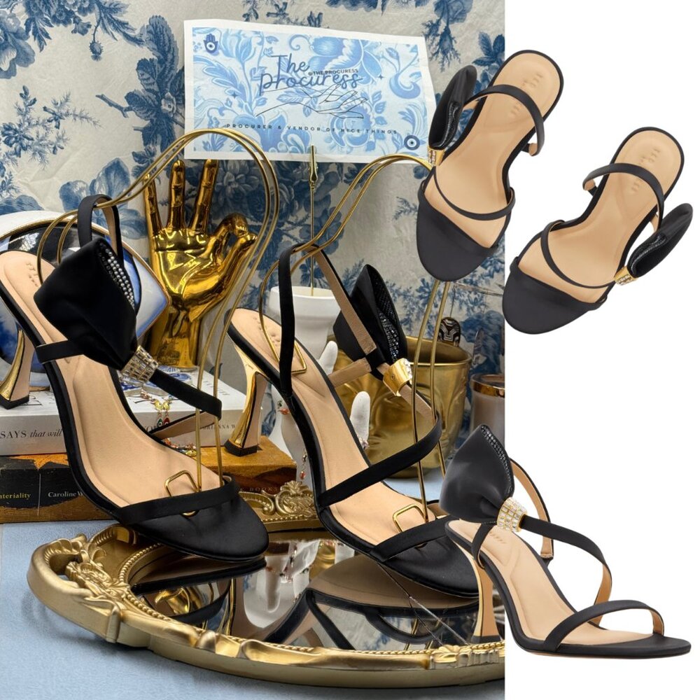 🆕 TED BAKER 🧿 NWOB Belle Black Satin Half Bow Sandal, Sz 38.5 US 8